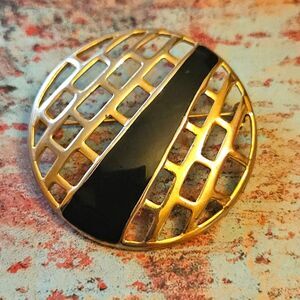 Vintage MJ ENT Signed Couture Gold Metal & Black Enamel Large Brooch Pin